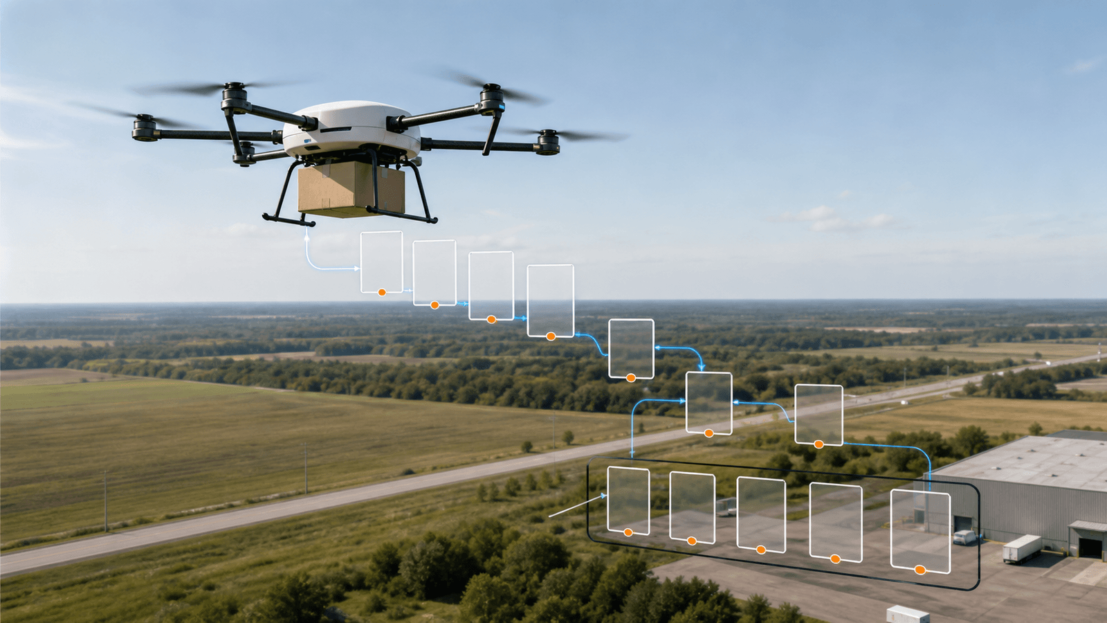 Illustration of a cargo drone passing through a document-review path before an operator- and site-specific delivery decision.