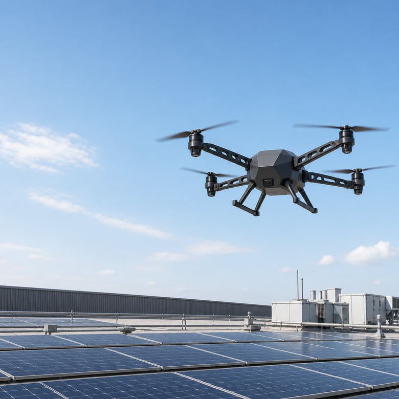 Illustrative view of an unbranded quadcopter flying above a commercial rooftop with solar panels.